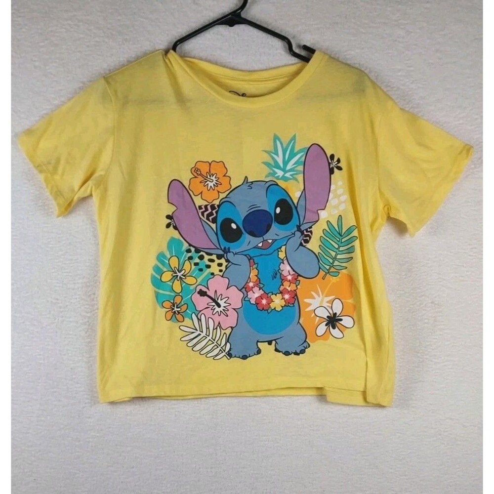 Disney Lilo & Stitch Jr Size Large Crop Crew Neck Tee Shirt Yellow
